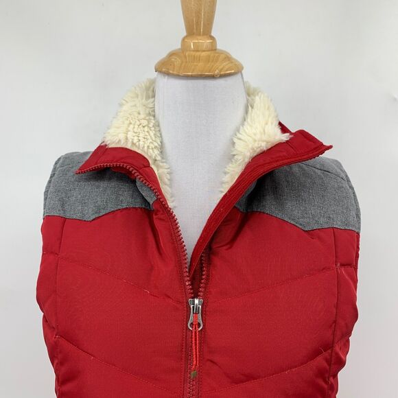 Eddie Bauer Vest Women XS Extra Small Red Grey Faux Fur Lined Down Full Zip - Picture 3 of 15